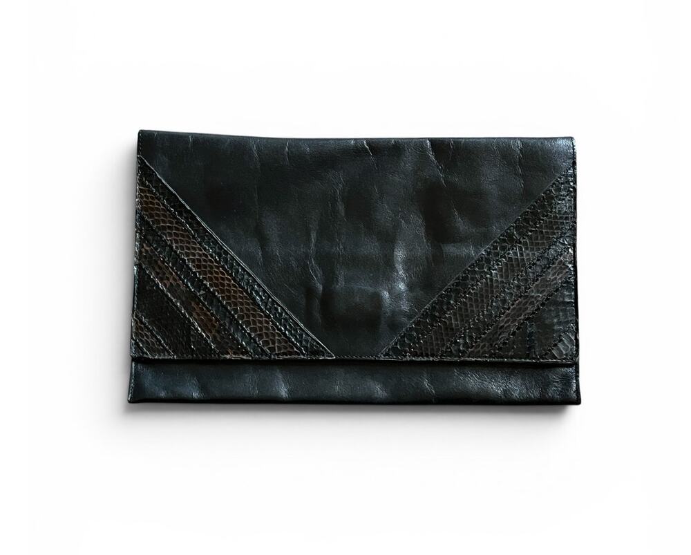 Vintage 70s David Mehler DAME Black Leather Envelope Clutch Snakeskin Trim